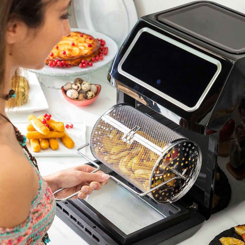 Conjunto de accesorios extraíbles de la freidora, como la cesta giratoria, el pincho de asador y las rejillas, listos para preparar diversas recetas con facilidad.