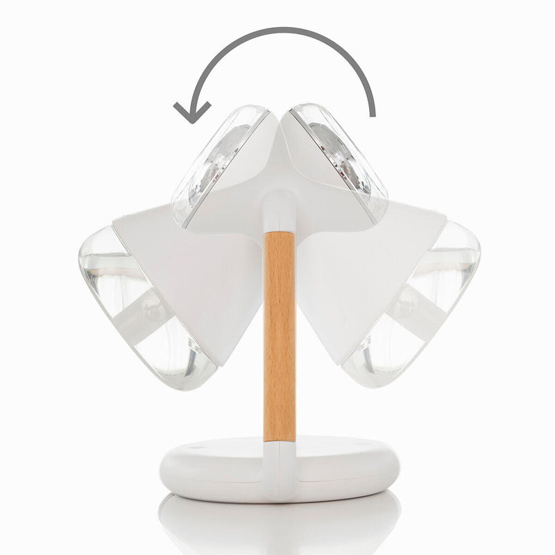 Humidificador y soporte para móvil con un diseño moderno en color blanco, ajustado en un ángulo de 180º