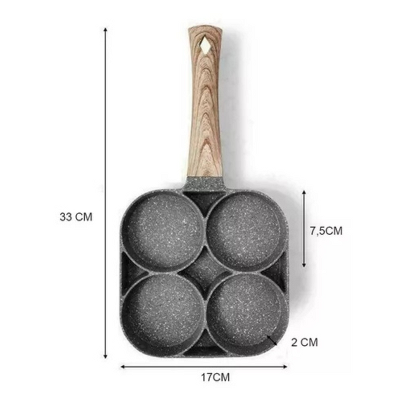 Fotografía mostrando las dimensiones de la sartén 4 en 1, con un diámetro de 33cm x 17cm y una altura de 2cm.  Ideal para cocinas modernas y espacios compactos, optimizando el uso del espacio sin perder funcionalidad.