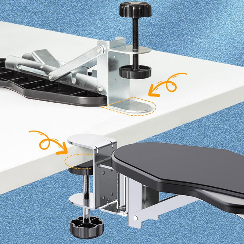 Fijación ajustable del soporte reposabrazos para escritorio sin necesidad de herramientas, garantizando estabilidad y seguridad.